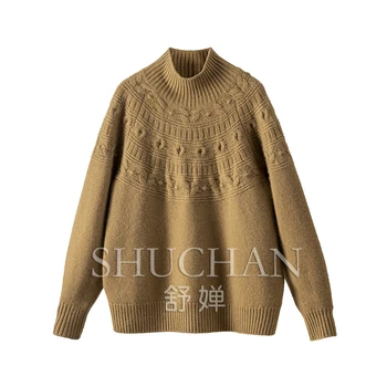 вълнен пуловер shuchan свободно, намаляване, корейски модерен пуловер с полувысоким яка, дамски пуловер sueters de mujer