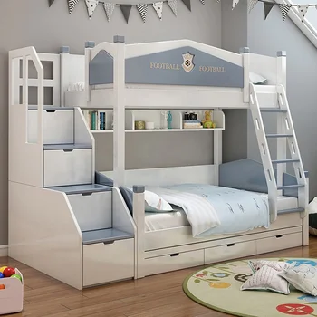 Дървена бебешко легло Дизайнерски Мебели за спалня и Детска с Двуетажно Детско легло Комплект Детско Двуетажно легло с лестничным гардероб за съхранение