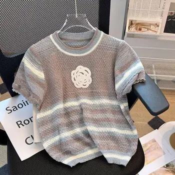 Корейски вязаный пуловер Diamonds Argyle, Женски 2023, Летен трикотаж с къс ръкав и кръгло деколте, пуловер, Елегантни Стилни и Шикозни блузи, джъмпери