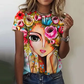 Модерен 3D Цветни Тениски С Изображение на Лицето За Момичета, Къс Ръкав, Harajuku, Цветни Тениски Harajuku С кръгло деколте, Дамски Тениски, Летни Оверсайз