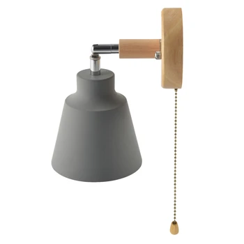Скандинавски дървен стенен лампа, нощни светлини, монтиран на стената лампа за спалня, коридор със свободно въртящ се превключвател на светкавица (сив)