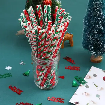 100 броя Хартия соломинок, Разнообразно хранително украса в рождественском стил, еднократно украса на масата, на коледа сламки за пиене с принтом под формата на снежинки