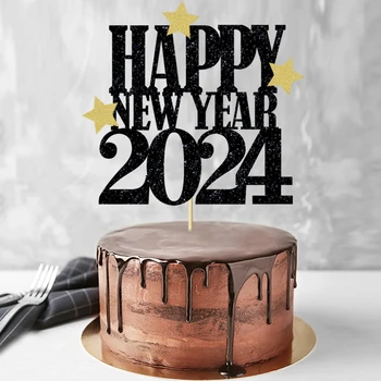 1бр Щастлива нова година в цилиндър За Торта Черен Лъскав нова година в цилиндър за Торта Усмихни to 2024 Декор Топпера за Торта в навечерието на Новата Година, Вечерни Аксесоари