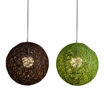 2 Зелена / кафе полилей от бамбук, ратан и коноп с топки за Индивидуално творчество, сферична лампа от ратан под формата на гнезда
