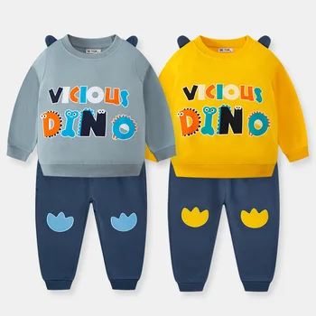 2022 Есента Нов памук детски костюм, пуловер с писмото принтом от карикатура, пуловер + ежедневни панталони, костюми-двойка за момчета 1-10 години