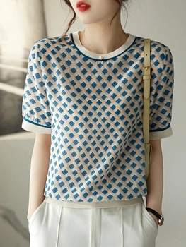 2023 Летни Нови Ежедневни Блузи, Дамски Модни тениска в клетка с къси ръкави и принтом 