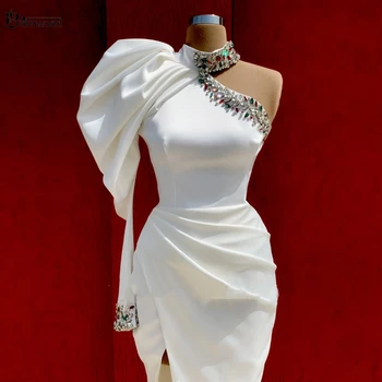2023 Нови Бели вечерни рокли за бала Русалка Дълги празнични рокли Секси разрез с Едно рамо Crystal Дубай от Арабски вечерна рокля