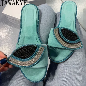 2023 нови горещи луксозни кристални плоски дамски чехли с отворени пръсти като мулета чехли лятна мода етнически стил и планински кристал дамски чехли