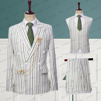 2023 Нови мъжки бизнес Висококачествени бели ленени костюми на младоженеца в светло зелено вертикални райета за сватбени партита, комплект от 3 теми, яке, Панталони, жилетка