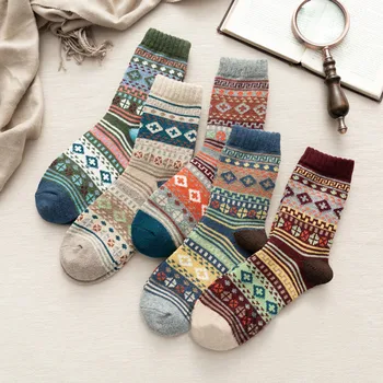 5 Двойки/лот, дамски чорапи, есен-зима, зимни дебели топли вълнени чорапи в народен стил в скандинавски стил, ретро стил, Коледен подарък