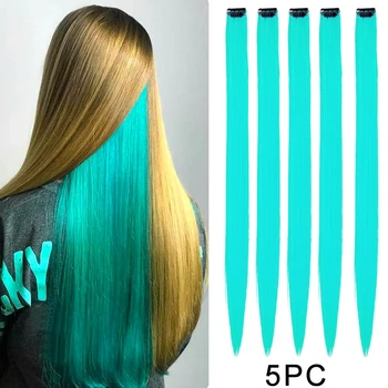 5 опаковки цветни наращенных косата, прави изкуствена коса с преливащи се цветове за партита, синтетични 22-инчови Цветни щипки за удължаване на косата