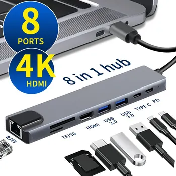 8 В 1 C USB Хъб Type C От 3,1 до 4K, HDMI Адаптер с RJ-45 SD TF Четец на Карти PD Бързо Зареждане на Лаптоп MacBook Преносим Компютър