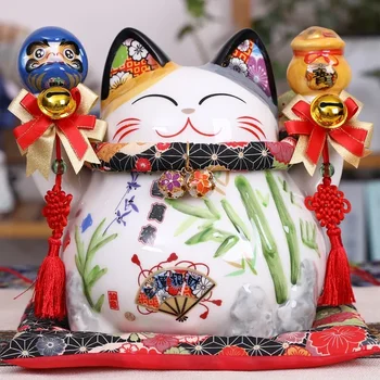 9-Инчов Керамични Монетен банка Maneki Neko Лъки Fortune Cat Daruma Касичка за богатство, чиято Декоративна украса на дома според Фън шуй
