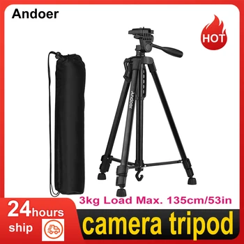 Andoer CameraTripod От Алуминиева Сплав с Товароподемност 3 кг Макс. 135 см/53 инча с Чанта за Носене, Притежател на Телефона за DSLR Камера на Смартфон
