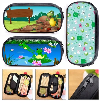 Cartoony принц-Зелена жаба с принтом, чанта за моливи, Пчела, Пеперуда, женски козметични чанти, студентски молив случай, стационарни чанти, подарък