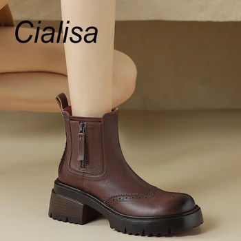 Cialisa / женски полусапожки Есен-зима, реколта висококачествени ръчно изработени обувки от естествена кожа, ботильоны на дебелите ток за дама на 40 години