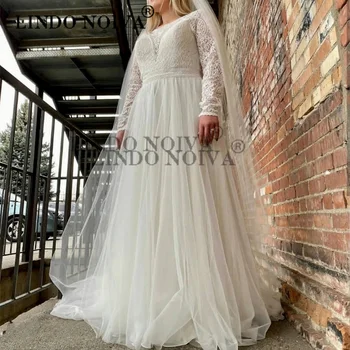 LINDO Сватбена рокля трапецовидна форма, с кръгло деколте и дълъг ръкав за жени, апликации, дантелени копчета, дължина до пода, в Елегантна сватбена рокля vestido de noiva
