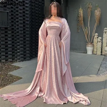 MINGLAN Елегантна розова вечерна рокля трапецовидна форма, с дълъг ръкав, без презрамки, расшитое пайети, с дължина до пода, с влак, вечерна рокля за бала, новост 2023 година