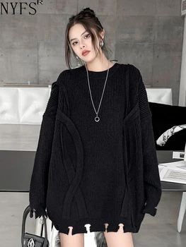 NYFS 2023 Есента Новият Корейски женски пуловер, всекидневни пуловер, свободни блузи с дълъг ръкав и цветни дупки голям размер