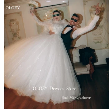 OLOEY Скромни Лъскави Сватбени рокли Трапецовидна форма, С дълги ръкави и висока воротом, Тюлевые Блестящи рокли за булката, Блестящи Големи размери, Модерни рокли