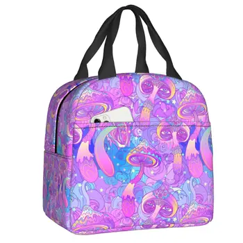 Psychedelic Magic Mushrooms Изолирано чанта за обяд за жени, водоустойчиви термохолодильник, чанта за обяд, Плажен къмпинг, за пътуване