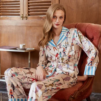 QSROCIO Дамски пролетно-лятна копринени пижами, всекидневни комплект за домашно облекло с дълги ръкави, Модни тънка пижама с голям анимационни принтом.