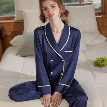 QSROCIO/ Дамски пролетно пижама с ревера, свободни панталони жилетка голям размер с дълъг ръкав, комплект от две части, однотонная ежедневни домашни дрехи.