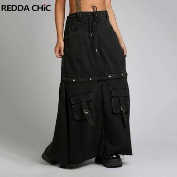 ReddaChic 2-в-1, деним пола Макси в разглобено формата, дамски, Y2k, ретро, черна, с завязками на талията, подвижни джобове-карго, най-дългата пола от деним