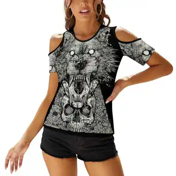 Shape Shift Черен Дамски Ежедневни Секси тениска С шнур с едно рамо, Тениски, Елегантни Блузи За плажни партита, Черепа на Вълк-Lycanthrope, Мастило Y2K
