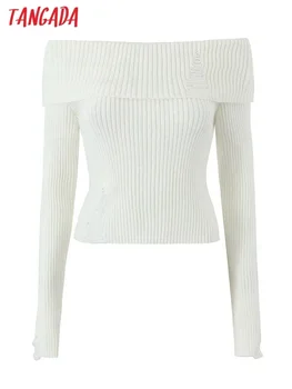 Tangada 2023 Модерен женски бежово вязаный пуловер с открити рамене, дамски жилетки 1J15