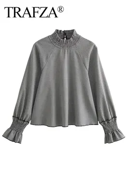 TRAFZA 2024 Пролетни Блузи За жени, Модни Свободни ризи в клетка с дълъг ръкав, Дамски ежедневни риза с гънки, Жените риза