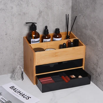 Бамбук кутия за съхранение на козметика Настолен Органайзер за грим Тоалетка Органайзер за бижута Стойка за грижа за кожата Десктоп склад