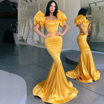 Бляскавите златното един коктейл рокля на Русалка с пищни ръкави, атласное рокля с дължина до пода, Дубай, Саудитска Арабия, секси вечерна рокля