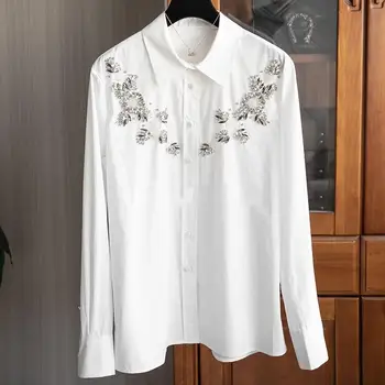 Бяла риза с ревери, ръчно изработени, вградени диаманти, Дамски блузи с дълъг ръкав Camisas De Mujer