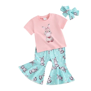 Великден дрешки за малки момичета, тениска с къс ръкав и изгорени штанами с принтом зайче, комплект дрехи с превръзка на главата