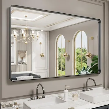 Вешается хоризонтално или вертикално, стенно огледало в банята с led осветление за баня, голямо правоъгълно огледало с закруглением 40X36 инча, домашен