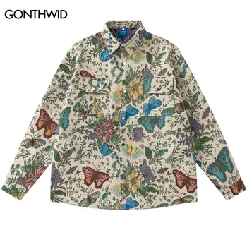 Винтажное палто-риза Y2K Harajuku стил ретро с пеперуди и флорални мотиви, ризи с дълъг ръкав, мъжка мода 2023 г., дебели ризи с копчета, топ