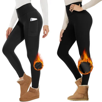 Гамаши с руното облицовка, дамски топли зимни панталони за йога с висока талия, черни гамаши за тренировки при движение с подгряване