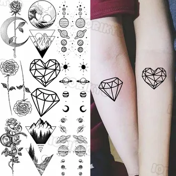 Геометричен Диамант, Малки Временни татуировки за жени и момичета, Реалистична Змия на Планетата цветове на Рози, Фалшива татуировка, Стикер, Татуировки по ръцете, тялото