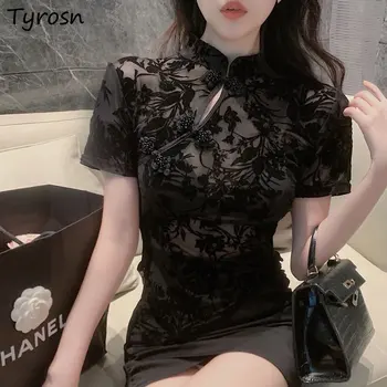 Дамска блуза модерен тънък дизайн с яка-часова, елегантна, секси, проста, универсална, отворена, ежедневни, китайски стил, Летни Дами на зряла възраст