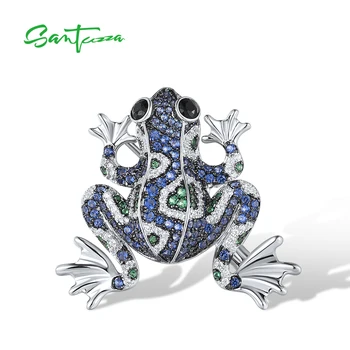 Дамски брошка SANTUZZA от истинско сребро 925 проба, блестящи многоцветни скъпоценни камъни, Скъпа Синя жаба, модерни подаръци за партита, изискани бижута