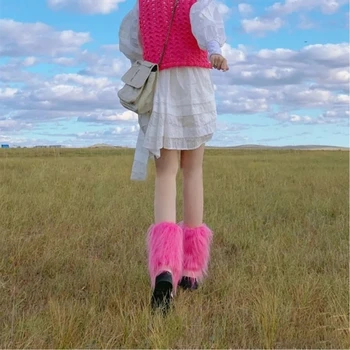 Дамски реколта Розово-червени кожени гамаши, зимни топли обувки от изкуствена кожа в стил Харадзюку, копчета за обувки, дълги Чорапи, Градинска облекло