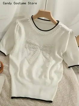 Дамски тънък трикотажная тениска на корейската версия, мрежест лък с мъниста, кръгъл отвор, топ с къс ръкав, Нова закопчалката на кръста