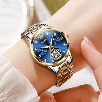Дамски часовници OLEVS марка Tourbillon, луксозни Автоматични Механични часовници, модни дамски водоустойчив часовник с фазата на Луната reloj