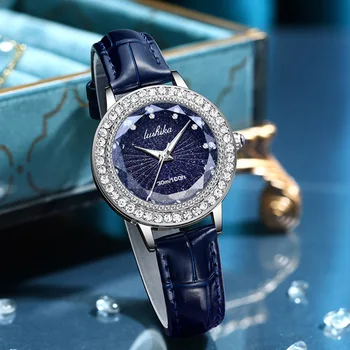 Дамски часовници UTHAI H144 Модерни кварцови часовници Леки Луксозни студентски часовник с диаманти на Звездното небе и водоустойчив, кожена каишка