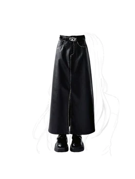Дамски Черната Готическа пола в стил Емо 2000-те, Модни Корейски Поли Трапецовидна форма Оверсайз Harajuku, Реколта Y2k на 90-те години, Елегантна Дълга пола, Дрехи