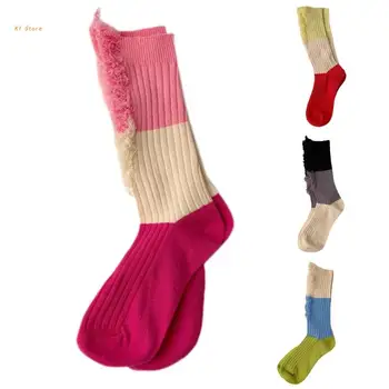 Дамски Чорапи-Panhandlers с Окъсани Дупки и Пискюли в рубчик Harajuku, Възли Цветни Блокове За Скейтборд, Чорапи-тръба До средата на Прасците