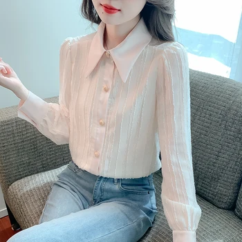 Дамски шифоновая бяла блуза, Корейски модни Свободни блузи с дълъг ръкав, Дамски ежедневни офис универсални ризи, Пролетно новост