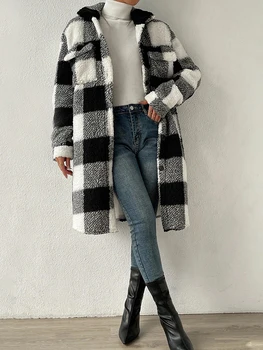 Дамско зимно палто Космати руното яке Шерпа с дълъг ръкав на Палтото копчета Черно Бяла окото Плюшен топла горна дреха