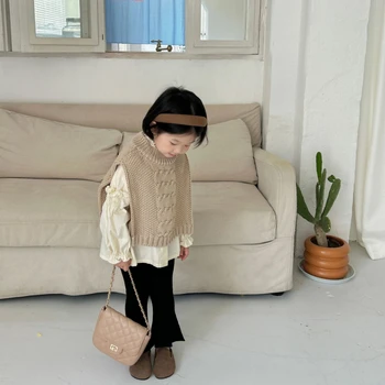 Детски есента Корейски ретро жилетка за момичета, обикновен пуловер, камизола, модерен детски ежедневието на обикновен жилетка за момичета